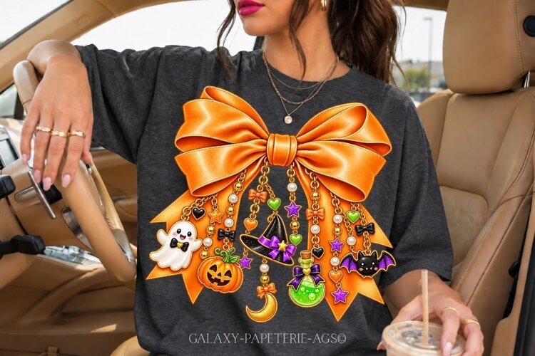Orange Halloween Bow PNG with Spooky Charms example image 1