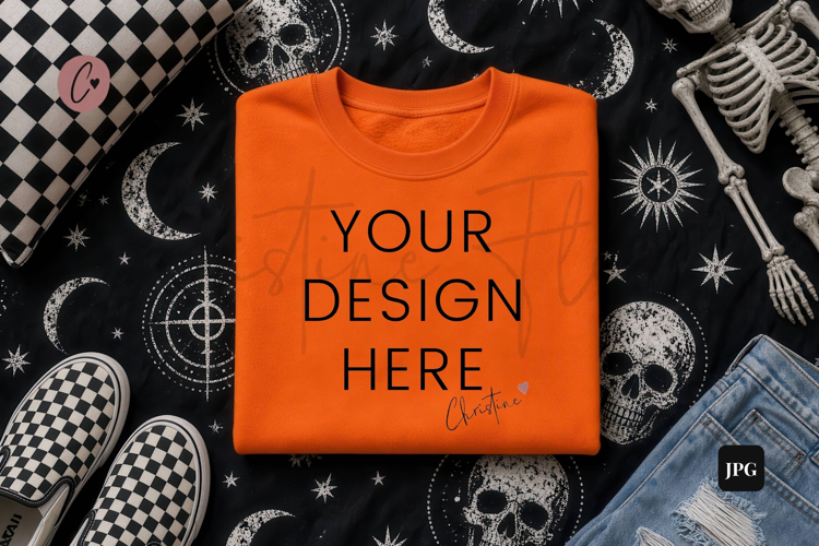 Gothic Orange Sweatshirt Mockup Flatlay