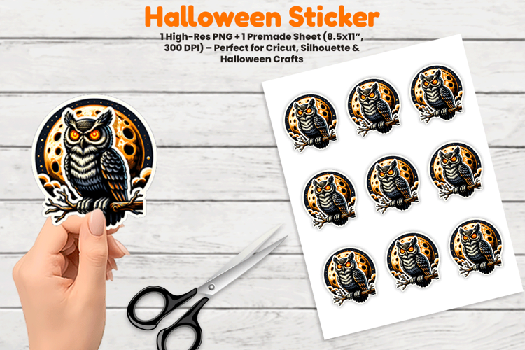 Owl Moon Sticker, Haunted Owl PNG, Halloween Sublimation PNG