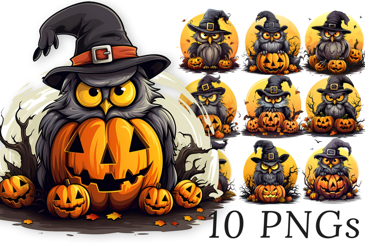 Cute Halloween owl Clipart Bundle - 10 transparent PNGs