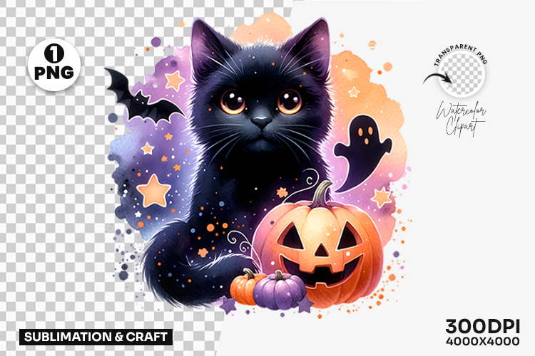 Halloween Pastel Black Cat Pumpkin Bat Clipart Sublimation