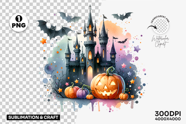 Halloween Pastel Castle Pumpkin Clipart Sublimation Design