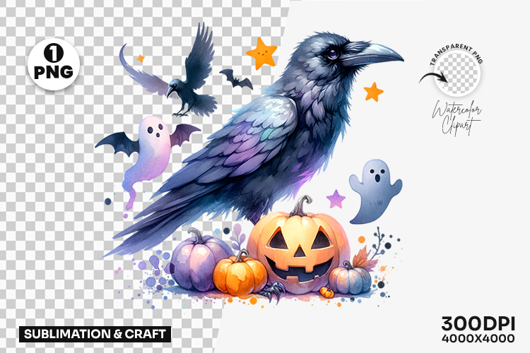 Halloween Pastel Crow Pumpkin Clipart Sublimation Design