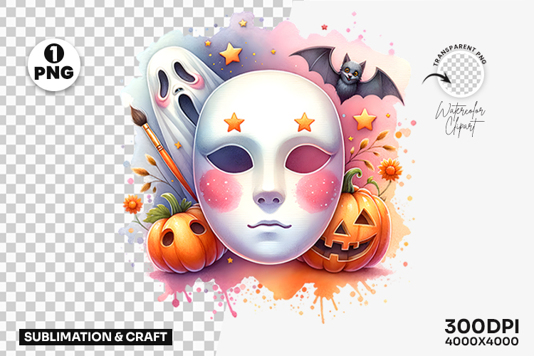 Halloween Pastel Mask Pumpkin Clipart Sublimation Design