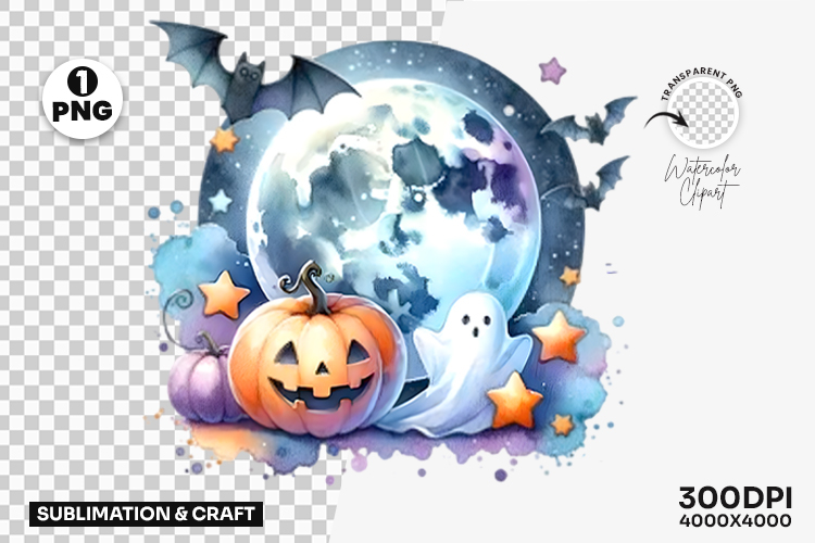Halloween Pastel Moon Pumpkin Bats Clipart Sublimation