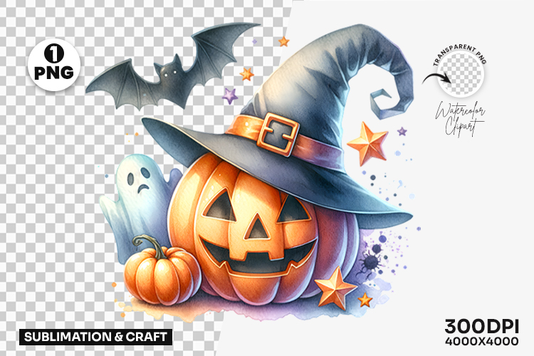 Halloween Pastel Pumpkin Witch Hat Clipart Sublimation
