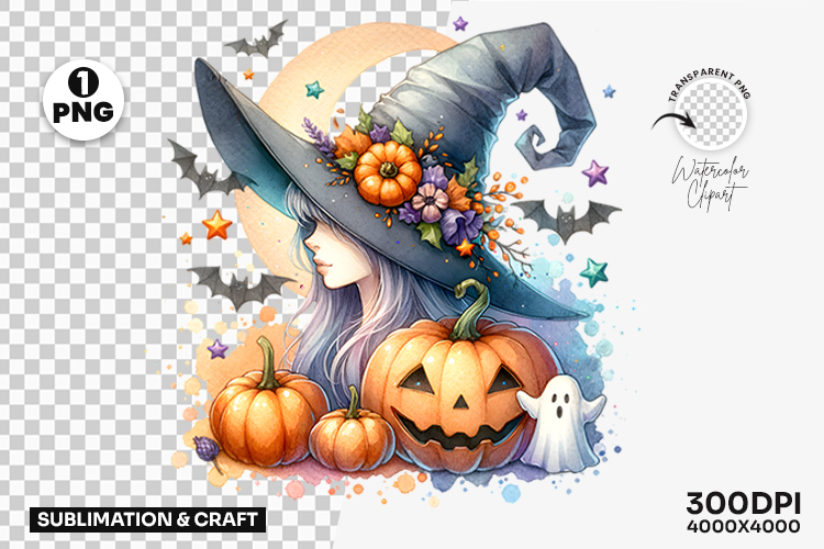 Halloween Pastel Pumpkin with Witch Hat Clipart Sublimation
