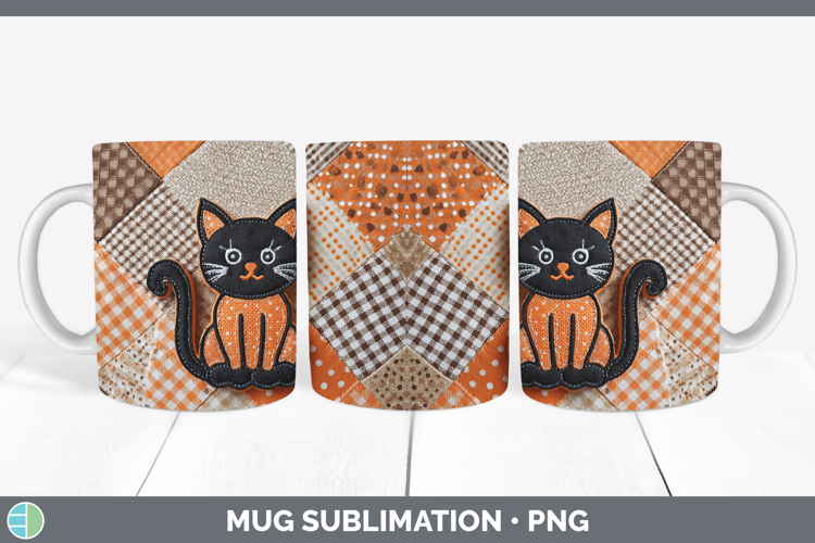 Black Cat Halloween Patchwork Mug Wrap Sublimation Design