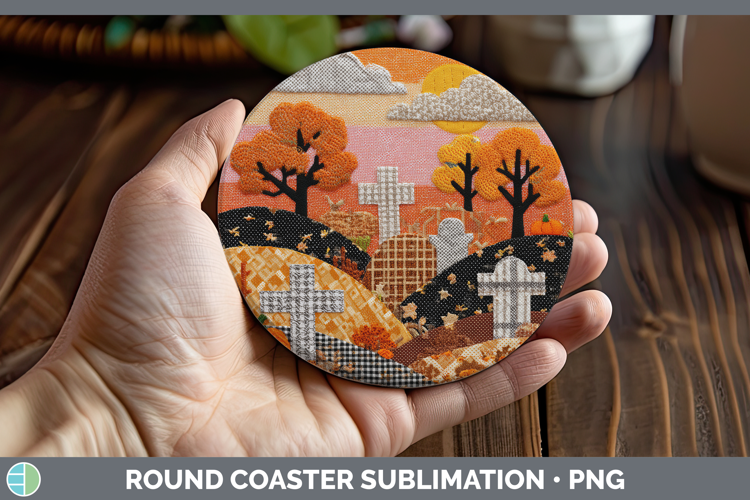 Graveyard Halloween Patchwork Round Coaster Sublimation Desi