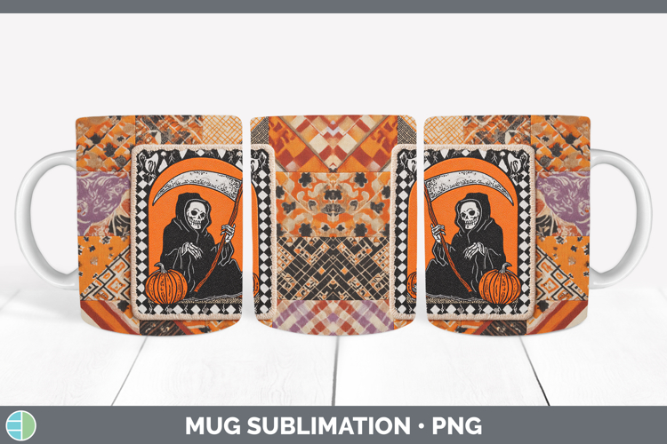 Grim Reaper Halloween Patchwork Mug Wrap Sublimation Design
