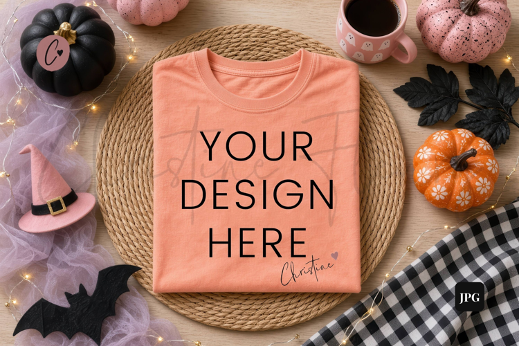 Halloween Peach Shirt Flatlay Mockup