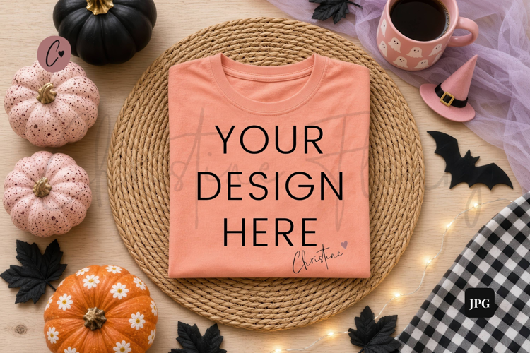Halloween Peach Shirt Flatlay Mockup