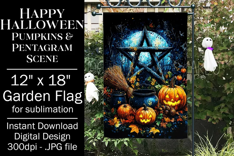 Halloween Garden Flag, Pentagram, Jack o Lanterns Scene, d1