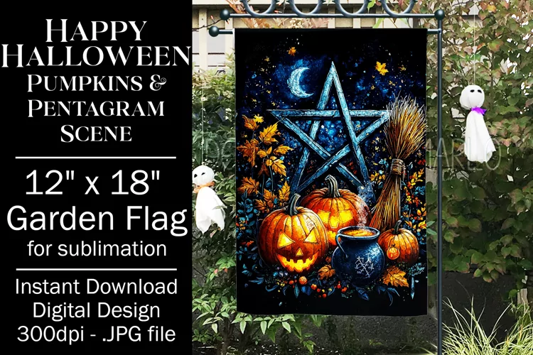 Halloween Garden Flag, Pentagram, Jack o Lanterns Scene, d2