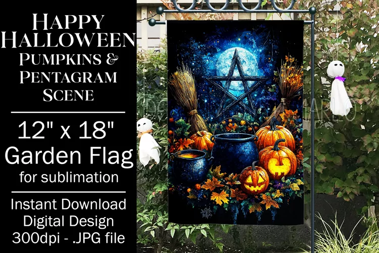 Halloween Garden Flag, Pentagram, Jack o Lanterns Scene, d3