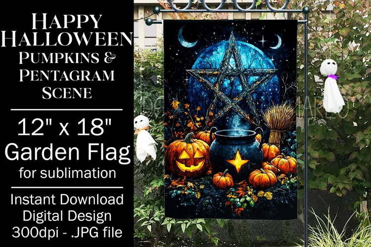 Halloween Garden Flag, Pentagram, Jack o Lanterns Scene, d4
