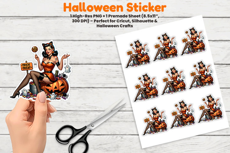 Halloween Pinup Girl Pumpkin Sticker, Retro Witch Pinup PNG