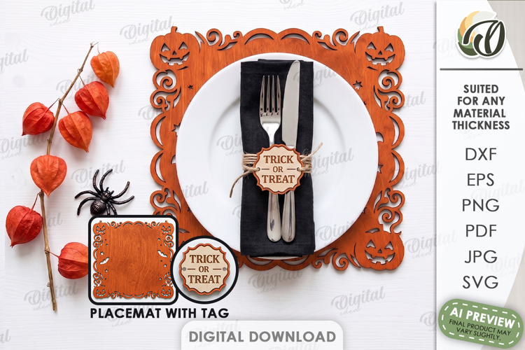 Halloween Placemat with Tag Laser Cut. Halloween Decor SVG