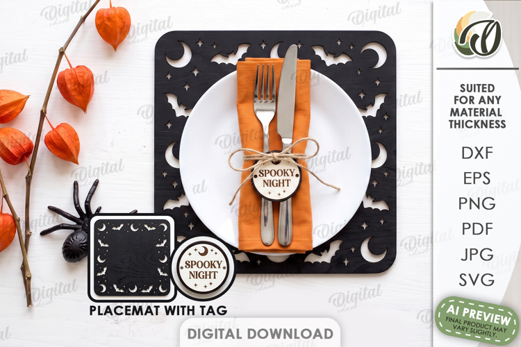 Halloween Placemat with Tag Laser Cut. Halloween Decor SVG