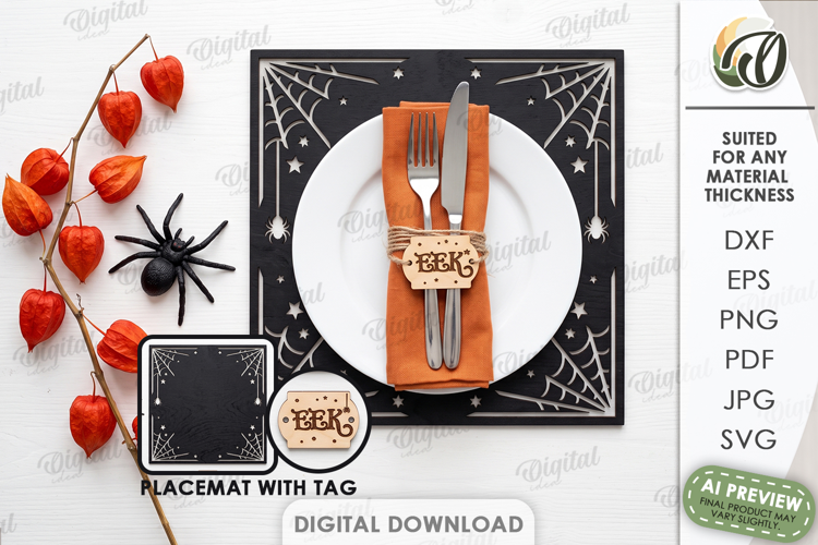 Halloween Placemat with Tag Laser Cut. Halloween Decor SVG