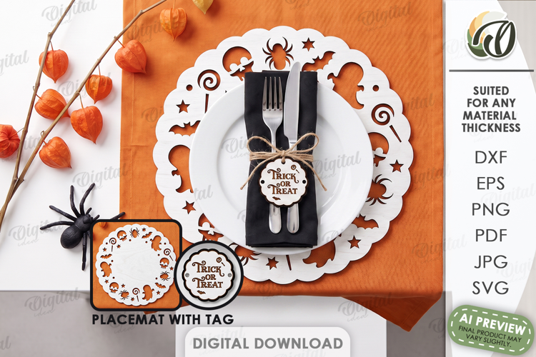 Halloween Placemat with Tag Laser Cut. Halloween Decor SVG