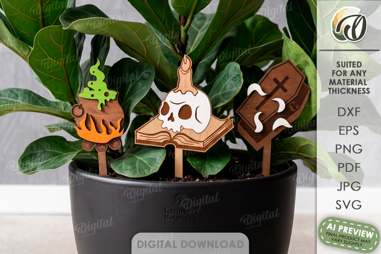 Halloween Plant Stakes Laser Cut. Spooky Plant Pot Decor SVG