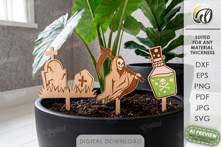 Halloween Plant Stakes Laser Cut. Spooky Plant Pot Decor SVG