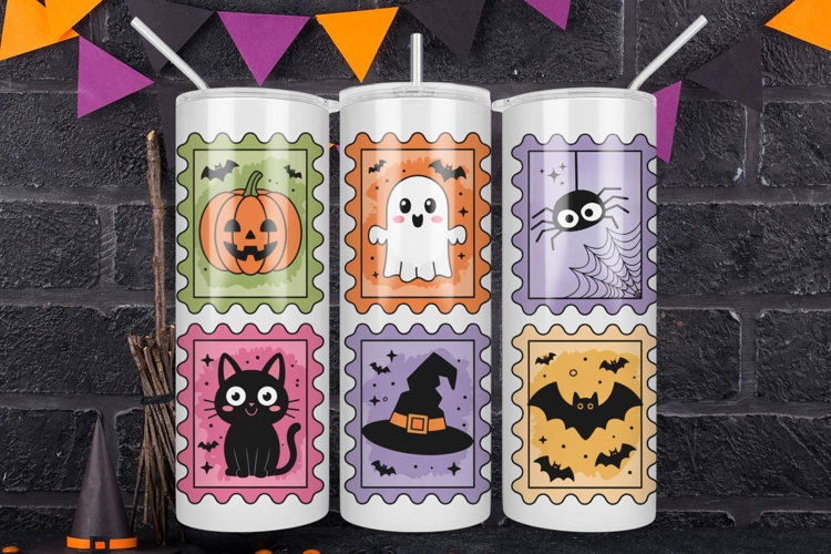 Halloween Postage Stamp Skinny Tumbler Wrap