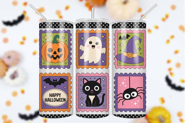 Halloween Postage Stamp Skinny Tumbler Wrap