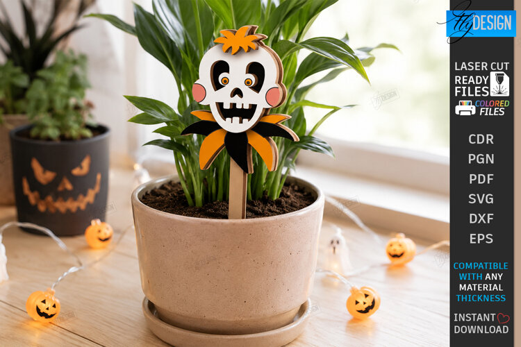Halloween Pot Stakes Laser Cut | Plant Marker | Skull Laser example image 1