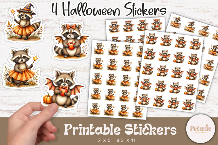 Cute Halloween Raccoon Stickers | Printable Stickers PNG