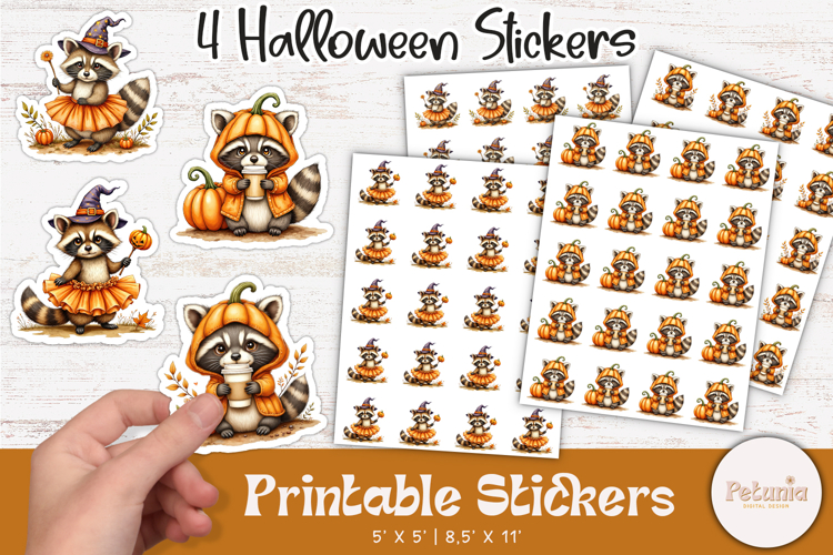 Cute Halloween Raccoon Stickers | Printable Stickers PNG