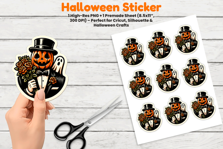 Halloween Pumpkin Head Groom Flowers Sticker Sublimation PN