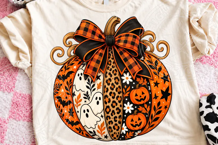 Halloween Pumpkin PNG, Leopard Print and Buffalo Plaid Bow w