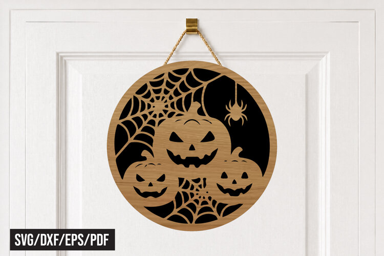 Halloween Pumpkin Spider Web Round Door Hanger SVG example image 1