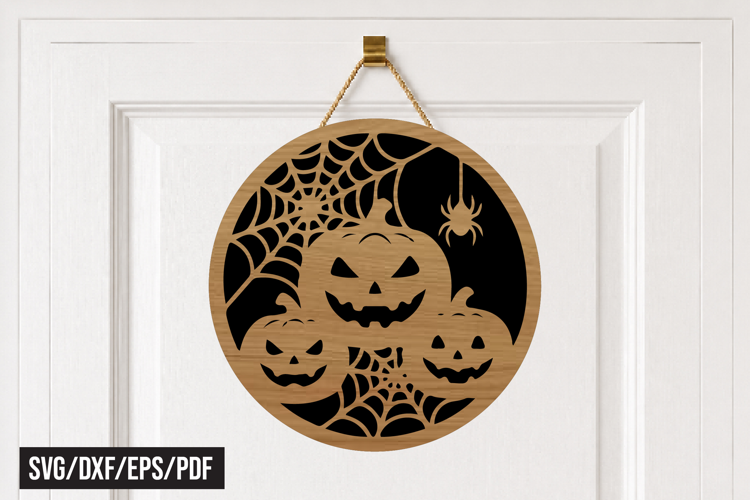 Halloween Pumpkin Spider Web Round Door Hanger SVG