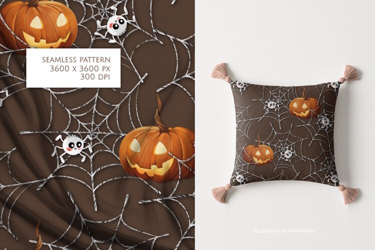 Halloween Pumpkin Spiderweb Seamless Pattern example image 1