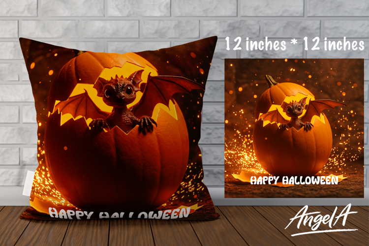 Happy Halloween Pillow cover, dragon with pumpkin