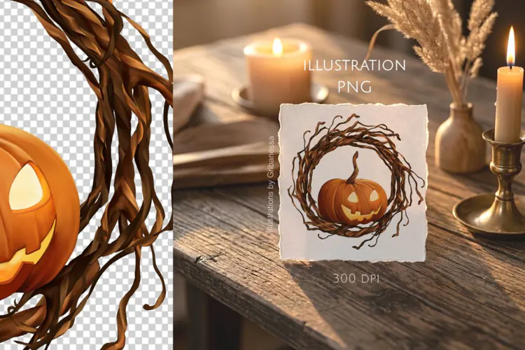 Halloween Pumpkin Wreath Illustration PNG