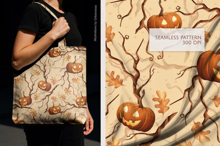 Halloween Pumpkins and Autumn Branches Pattern