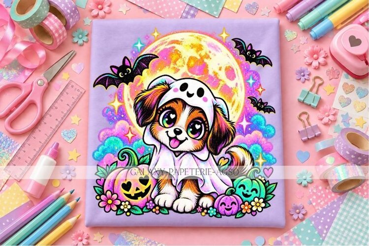 Halloween Puppy PNG in Ghost Costume with Pumpkins example image 1