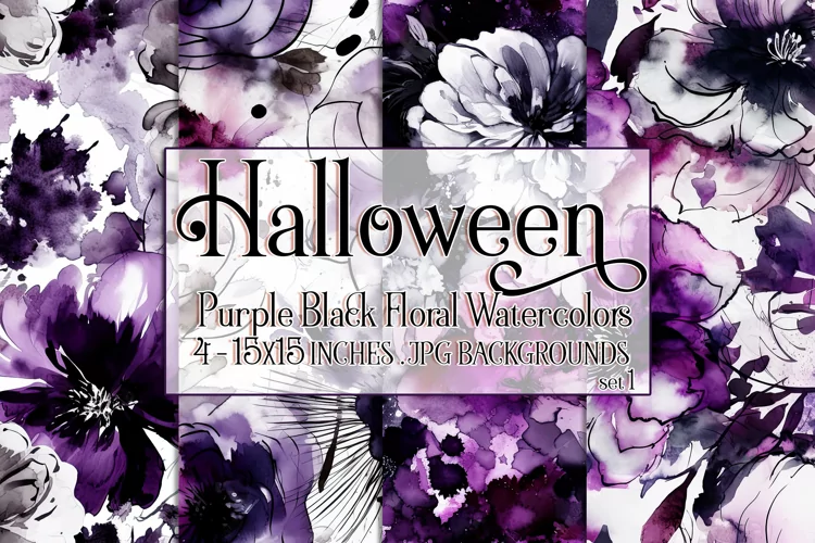 Halloween Backgrounds, 15x15 Purple Black Watercolor Floral
