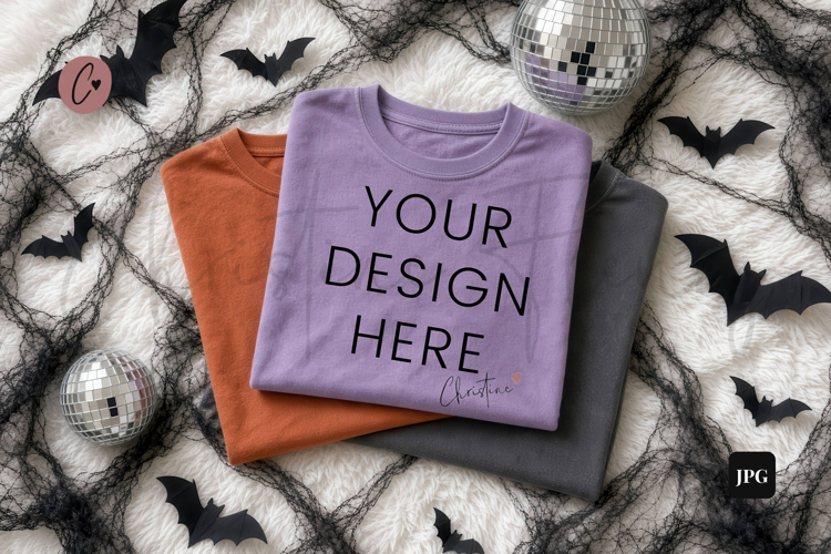 Halloween Purple Shirt Flatlay Mockup