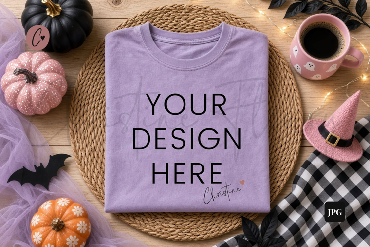 Halloween Purple Shirt Flatlay Mockup