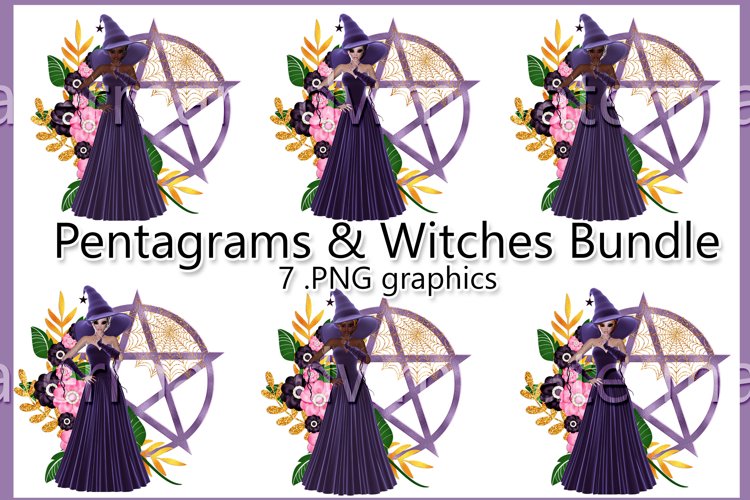Purple Pentagram Witch PNG Graphics Sublimation BUNDLE