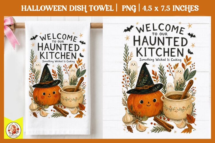 Hand-drawn Halloween dish towel PNG| Cute Spooky Designs example image 1