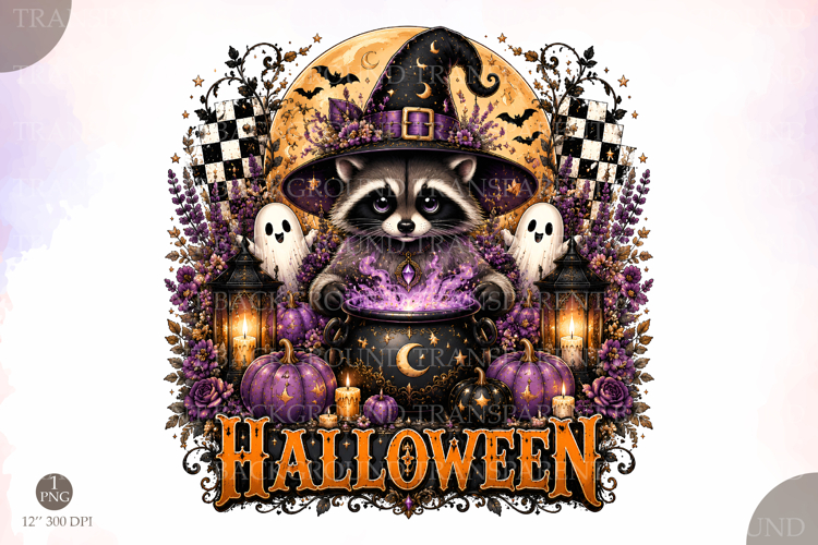 Halloween Raccoon PNG, Witch Raccoon Pumpkin Ghost Shirt Gra