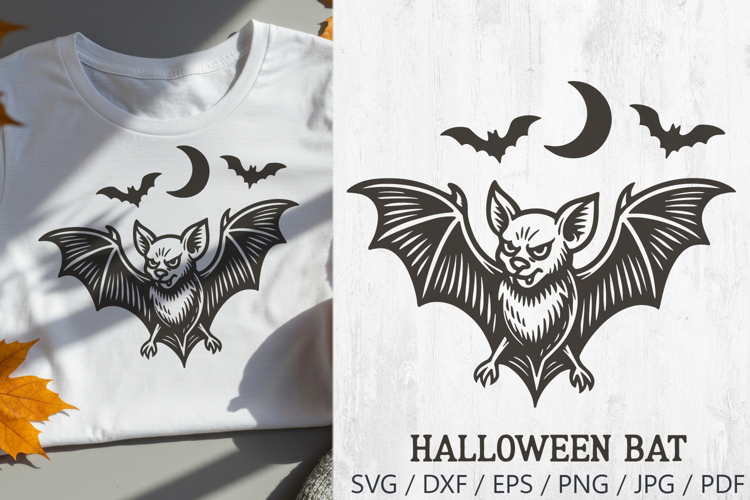 Halloween Retro Bat SVG | Vintage Spooky Bat with Moon PNG