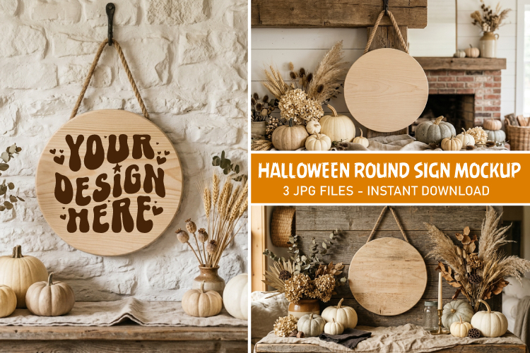 White Halloween Round Sign Mockup Styled Stock Photo