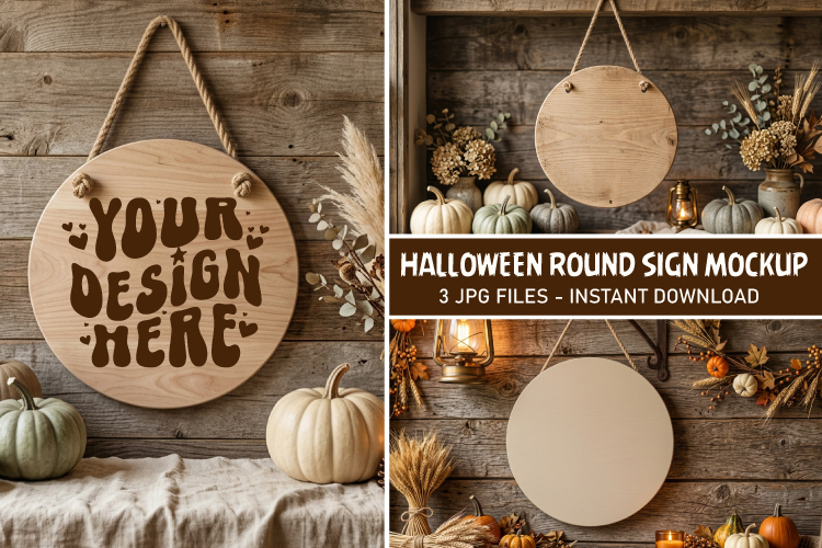 Rustic Halloween Round Door Sign Mockup Template